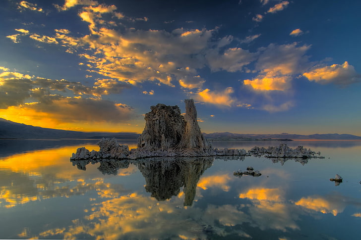 mirror photography of rocky mountain, lake, clouds, reflection