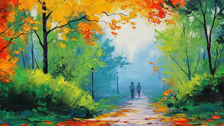 two people walking near road between trees painting, Graham Gercken