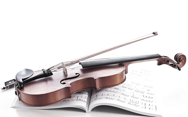 Violin And Music Note Book, black and brown violin with bow and music book, HD wallpaper