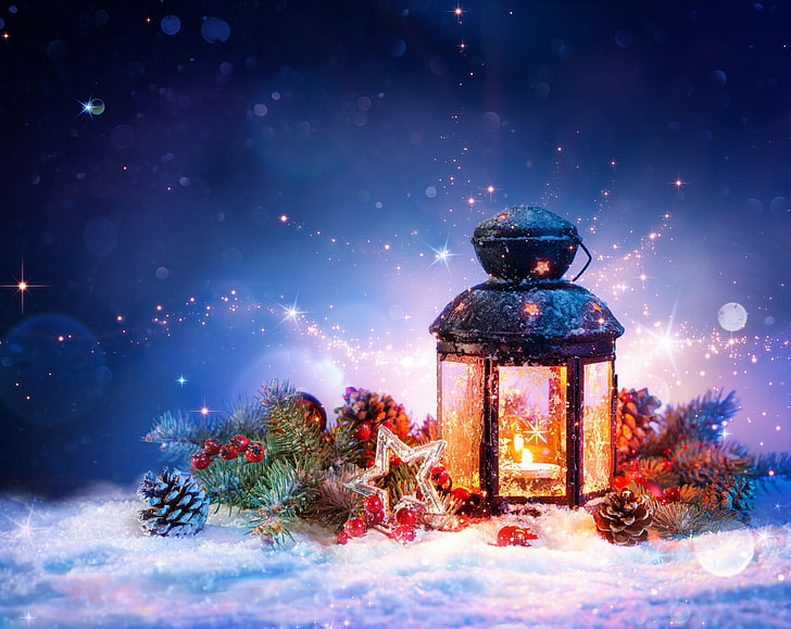black and red candle lantern illustration, snow, decoration, Christmas, HD wallpaper