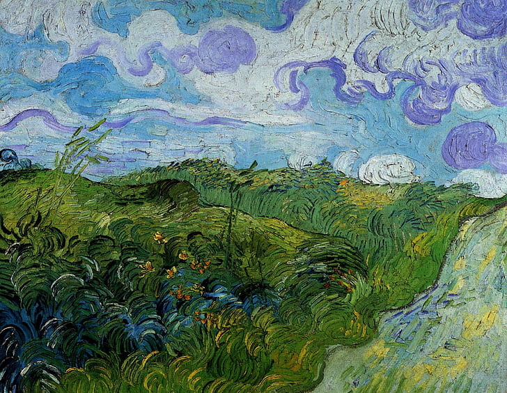 road, clouds, Green, Vincent van Gogh, Wheat Fields