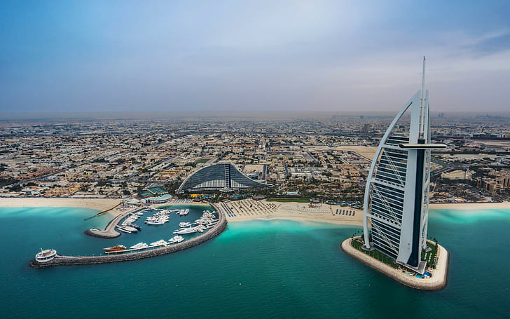 Persian Gulf, Dubai, burj al arab, beach, panorama, bay, hd, Jumeirah Beach Hotel, HD wallpaper