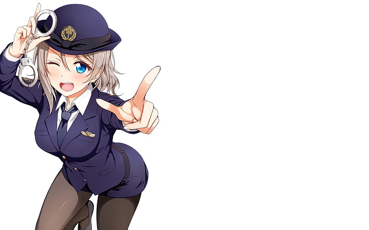 anime girl, police uniform, wink, shackles, young adult, women, HD wallpaper