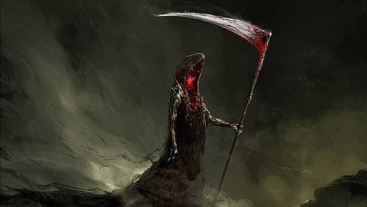 sickle digital art drawing grim reaper red eyes scythe blood dark death painting fantasy art, HD wallpaper