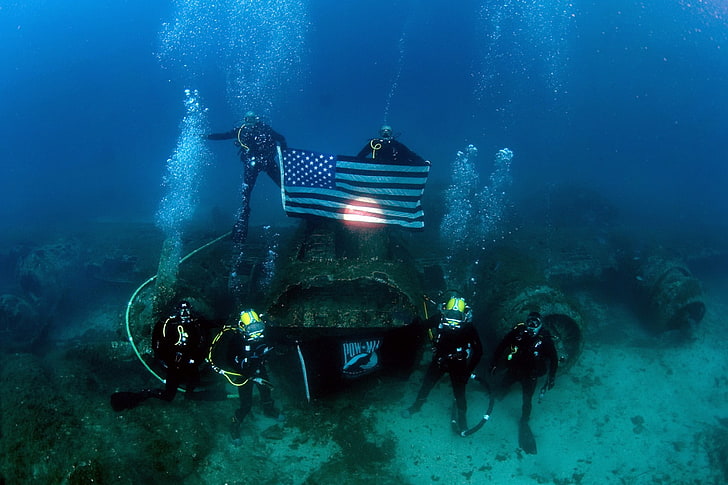 USA flag, scuba, American flag, pow, divers, diving, underwater, HD wallpaper