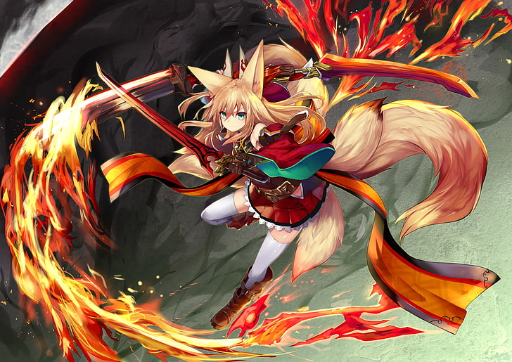 fox girl, sword, flame, animal ears, nine tails, green eyes
