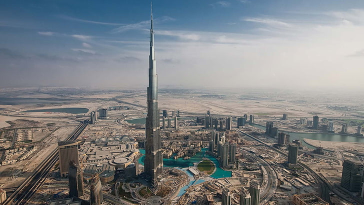 panoramic aerial photography of Burj Khalifa tower, Dubai, architecture, HD wallpaper