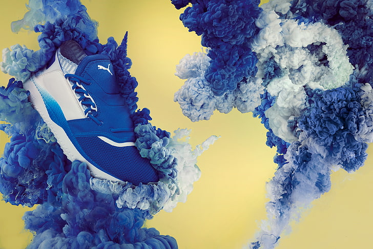 Puma Sneakers, 4K, Explosion, Blue, HD wallpaper