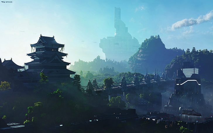 futuristic temple and forest landmark, video game screenshot