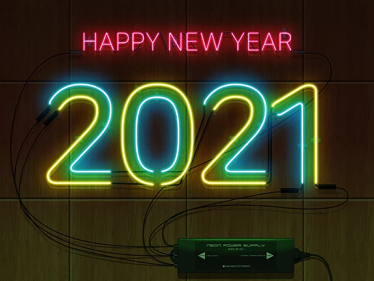 neon sign, 2021 happy new year, wood texture