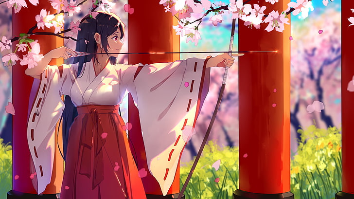 Japanese kimono, bow, miko, brunette, red eyes, cherry blossom