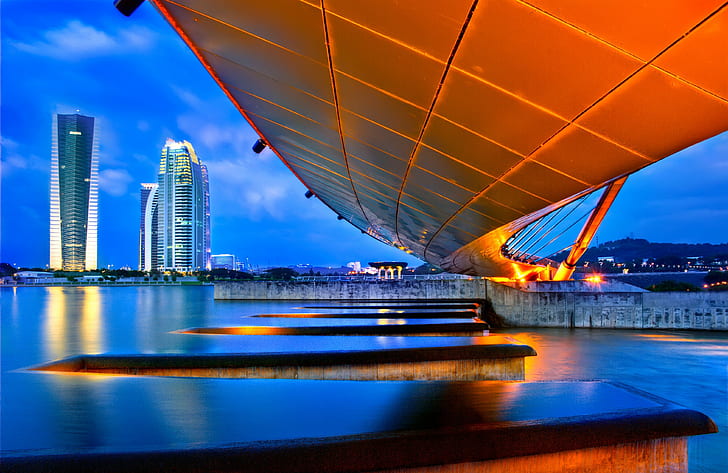 city, urban, skyscraper, Malaysia, bridge, river