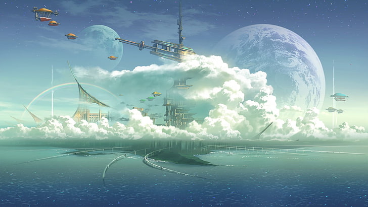 body of water, anime, fantasy art, sky, planet, futuristic city