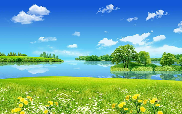 Letni Krajobraz, drzewa, rzeka, niebo, trawa, chmury, lato, kwiaty