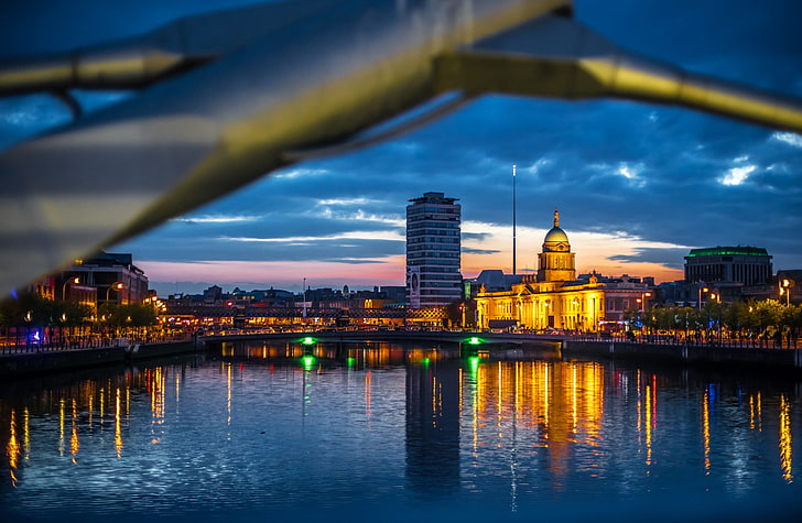 The Custom House, Dublin, Ireland, City, Lights, Night, Sunset, HD wallpaper