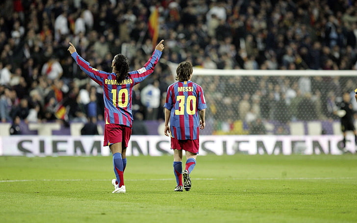 two soccer player standing near white goal net, Ronaldinho, Lionel Messi, HD wallpaper