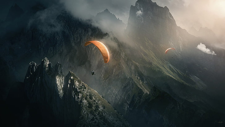 brown parachute, nature, mountains, landscape, sky diving, adventure, HD wallpaper