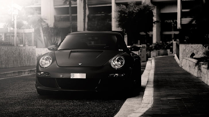 vehicle grayscale photo, Porsche, car, monochrome, mode of transportation, HD wallpaper