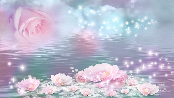 Roses Float, stars, lake, sparkle, water, mirage, fantasy, shine, HD wallpaper