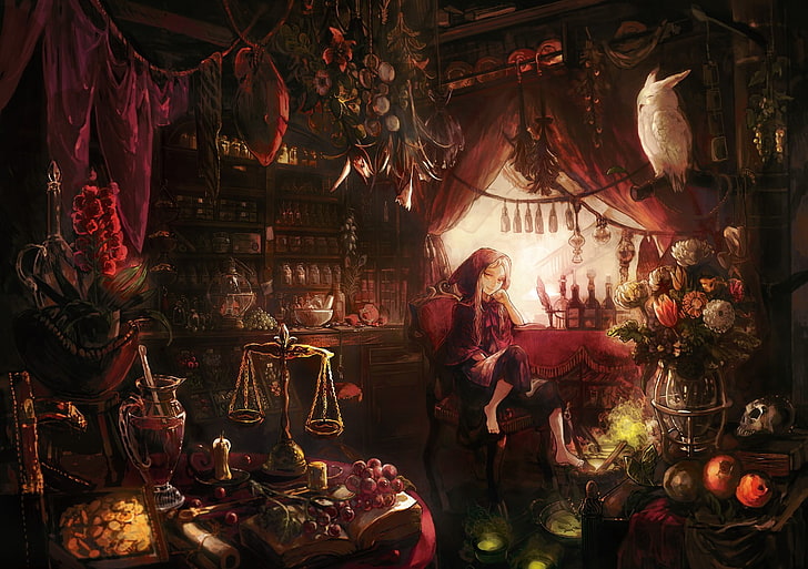 red mage anime art, fruit, owl, original characters, Little Red Riding Hood