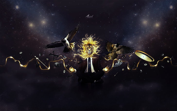 yellow lion illustration, digital art, space, space art, animals