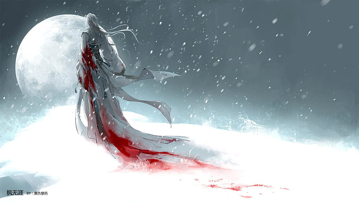 person wearing white and red dress illustration, snow, blood