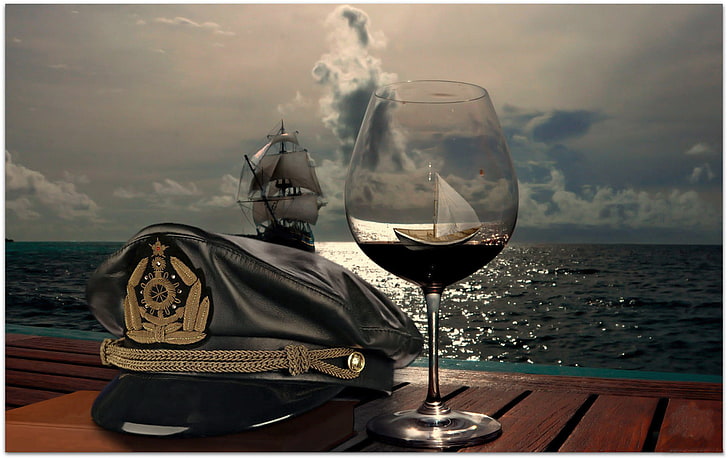 clear wine glass, SEA, SHIP, HORIZON, The OCEAN, The SKY, CLOUDS