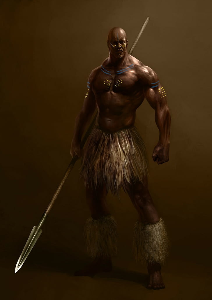 warrior bodybuilder looking at viewer ancient old kwazulu natal fantasy art weapon spear south african