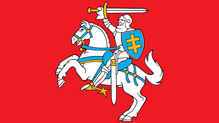 Lithuania, coat of arms, flag, horseman, colored background