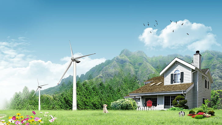 Eco Home, windmills, house, power, ecology, flowers, animals