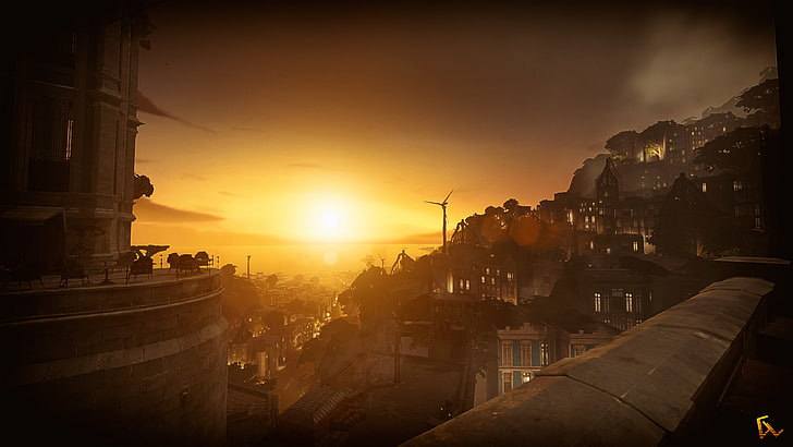 dishonored 2, video games, screen shot, Photoshop, sunset, architecture