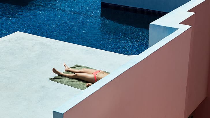 architecture, swimming pool, pink, sun bathing, Spain, muralla roja