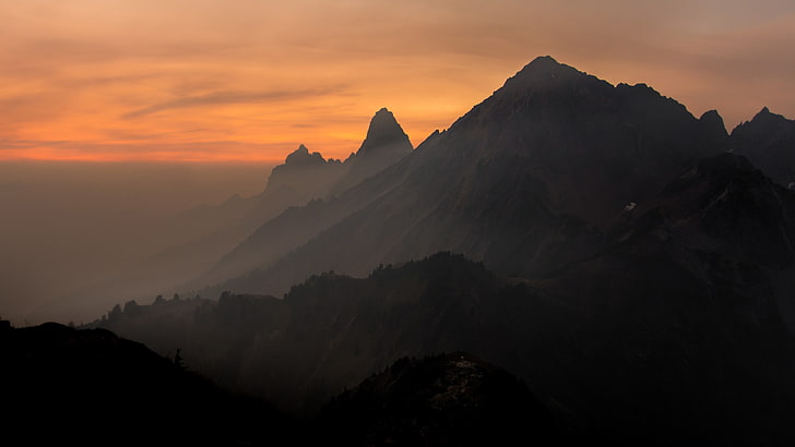 mountain range, sunset, mountains, nature, mist, mountain Peak, HD wallpaper