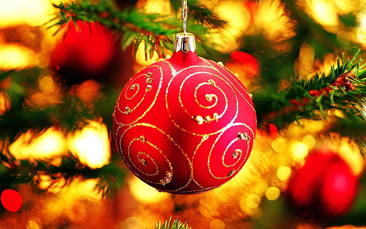 red Christmas bauble, ball, New year, tree, 2010, decoration, HD wallpaper
