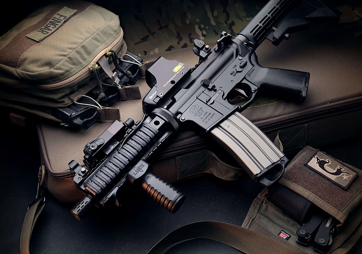 black assault rifle, machine, bag, weapon, stores, hd wallpaper