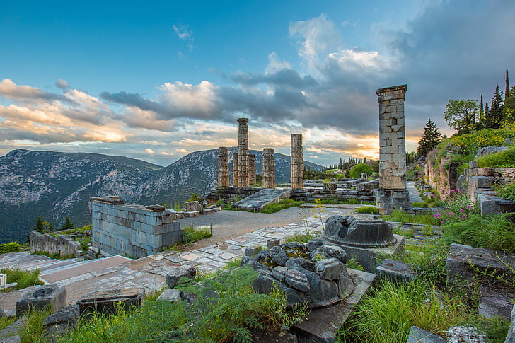 gray stones, mountains, Greece, ruins, column, Delphi, sky, architecture, HD wallpaper
