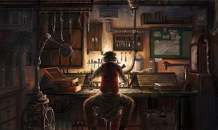 digital art, steampunk, work bench, tools, working out