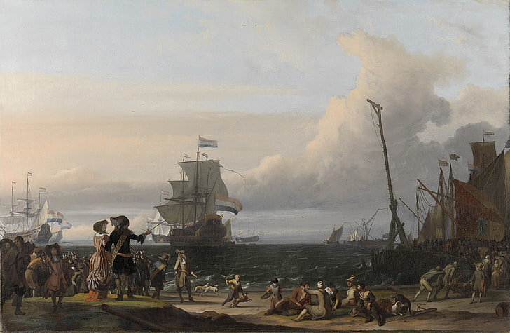 artwork, classic art, painting, sailing ship, sea, clouds, people, HD wallpaper