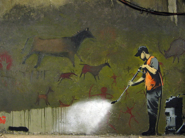 man cleaning painting illustration, Graffiti, Banksy, Caveman, HD wallpaper
