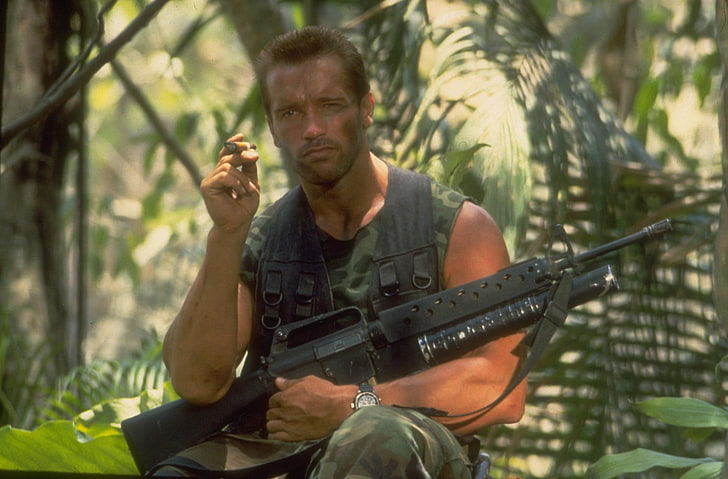Arnold Scharzenneger, watch, man, machine, cigar, Actor, Predator