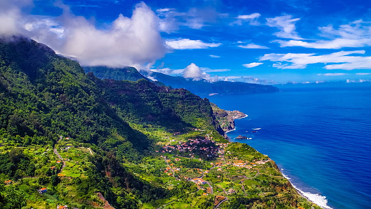 madeira, portugal, iseland, mountains, sea, blue, green, summer, HD wallpaper