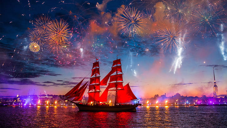 Scarlet Sails, ship, St. Petersburg, HD wallpaper