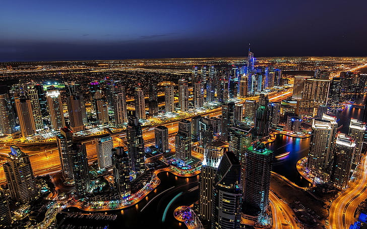 Dubai, night lights, skyscrapers, city, HD wallpaper