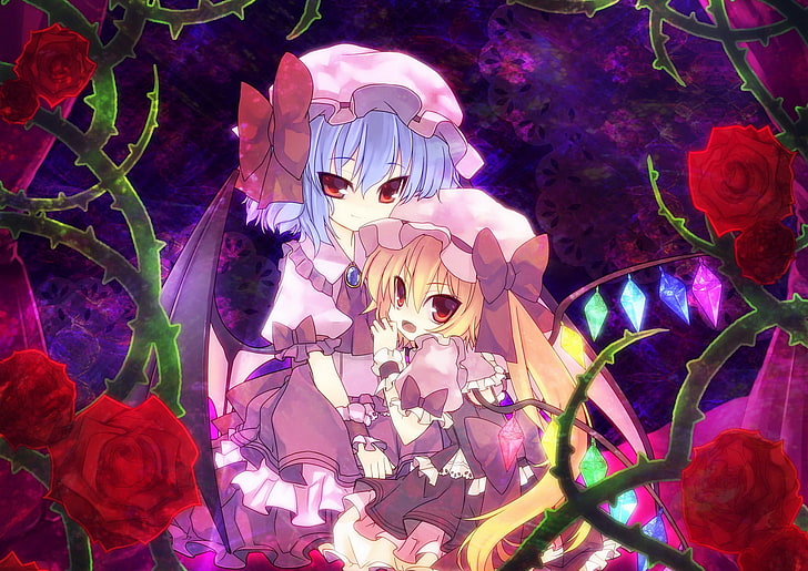 HD wallpaper: two girl anime characters, touhou collection, hugs, roses,  thorns | Wallpaper Flare