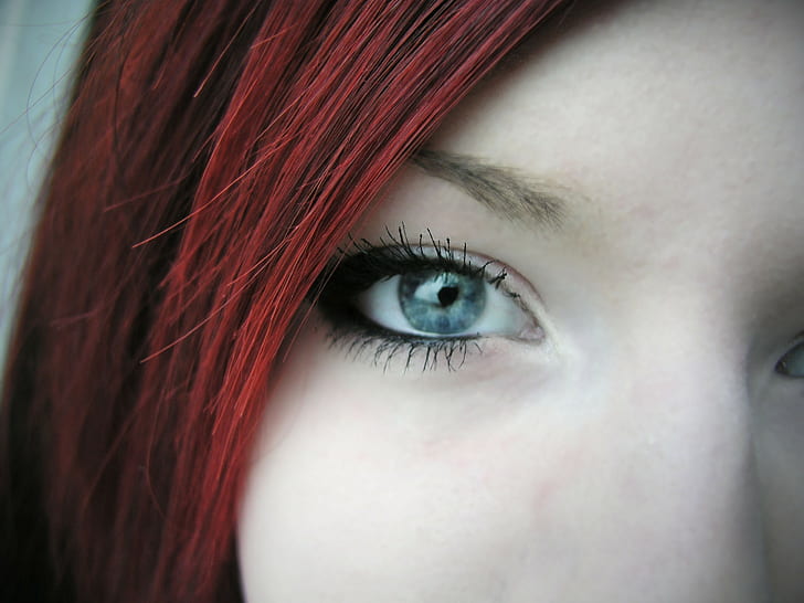women, face, redhead, blue eyes, eyeliner, closeup, HD wallpaper
