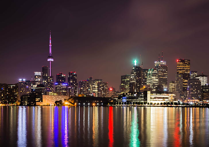 Hd Wallpaper Panoramic Photography Of City Skyline At Night Purple
