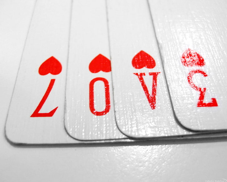 four hearts playing cards, red, text, communication, indoors