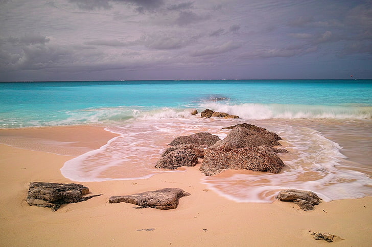 blue sea, nature, photography, landscape, beach, rocks, sand, HD wallpaper