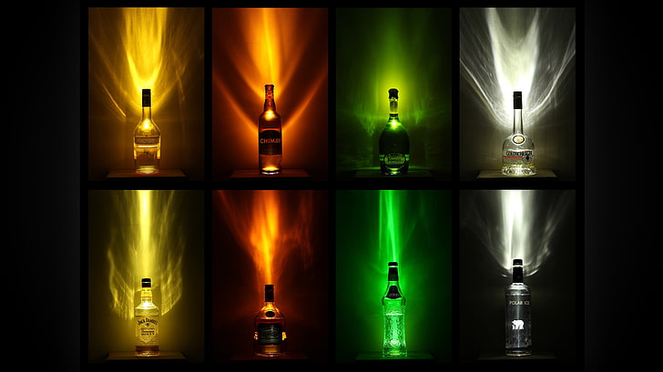 four assorted-LED light colors, bottles, whiskey, Scotch, bar