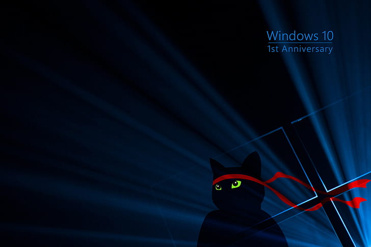 cat, Windows 10, green, red, blue, dark, black, Windows 10 Anniversary HD wallpaper